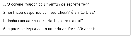 Caixa de texto: 1. O coronel teudorico emventan de seprefeito//
2. iai Ficou desputido com seu Elias//  emto Eles/
5. lenha uma caixa detro da Ingreja//  emto
6. o padri galago a caixa no lado de fora // depois
