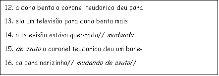 Caixa de texto: 12. a dona benta o coronel teudorico deu para
13. ela um televiso para dona benta mais
14. a televiso estva quebrada// mudando
15. de asuto o coronel teudorico deu um bone-
16. ca para narizinho// mudando de asuto//
