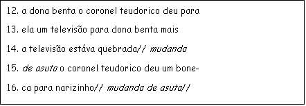 Caixa de texto: 12. a dona benta o coronel teudorico deu para
13. ela um televiso para dona benta mais
14. a televiso estva quebrada// mudando
15. de asuto o coronel teudorico deu um bone-
16. ca para narizinho// mudando de asuto//
