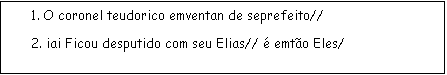 Caixa de texto:      1. O coronel teudorico emventan de seprefeito//
     2. iai Ficou desputido com seu Elias//  emto Eles/

